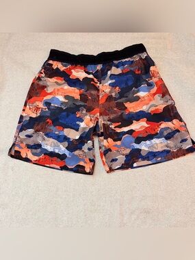 Fabletics Shorts Men S Medium Orange Blue Camo Fundamental 6” Lined Athletic Gym